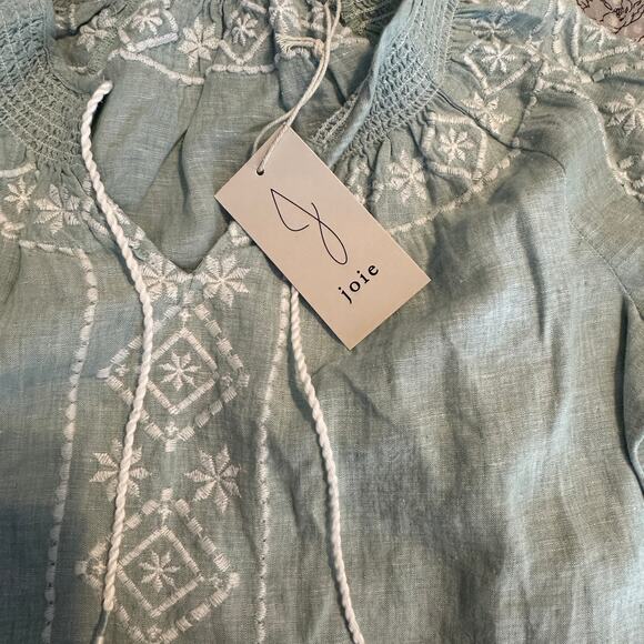 Joie Womens Blouse Boho Small 100% Linen Embroidered Pullover Green Tassels New - Picture 6 of 8